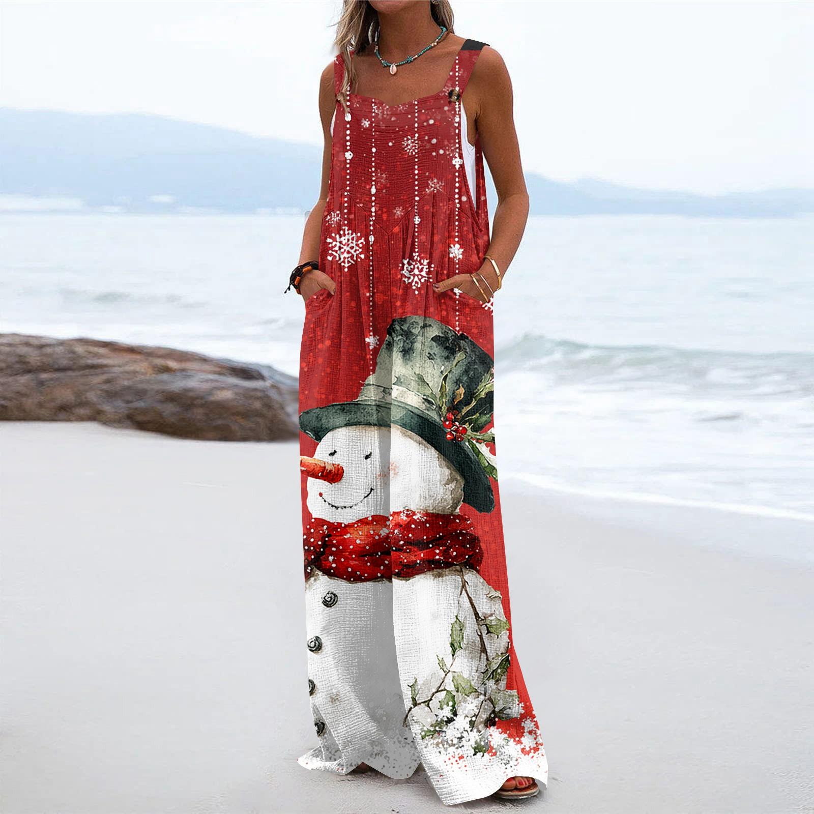 

Женский рождественский принт однотонный широкий крой без бретелек майка карман повседневный комбинезон L