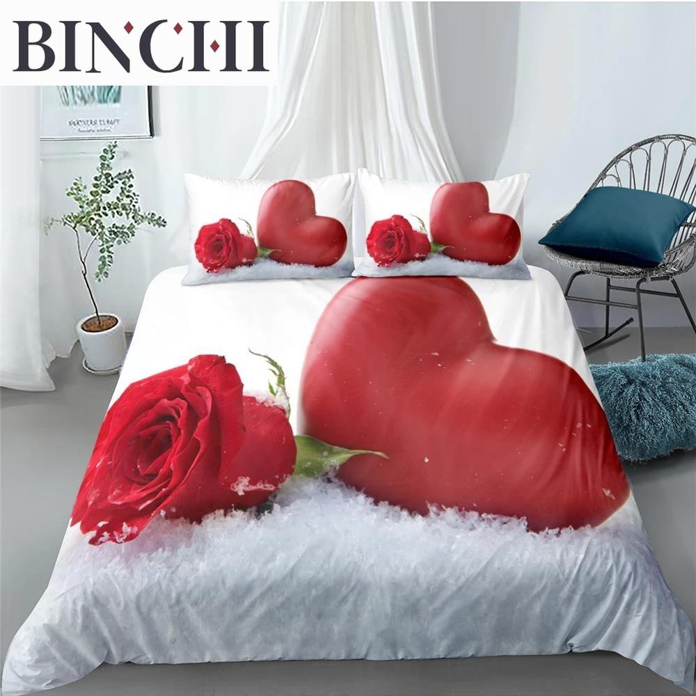 Rose Duvet Cover Collection Red And White Rose Bedding Collection For Lover Couple Polyester Comforter Cover ValentineS Day Gift King Size