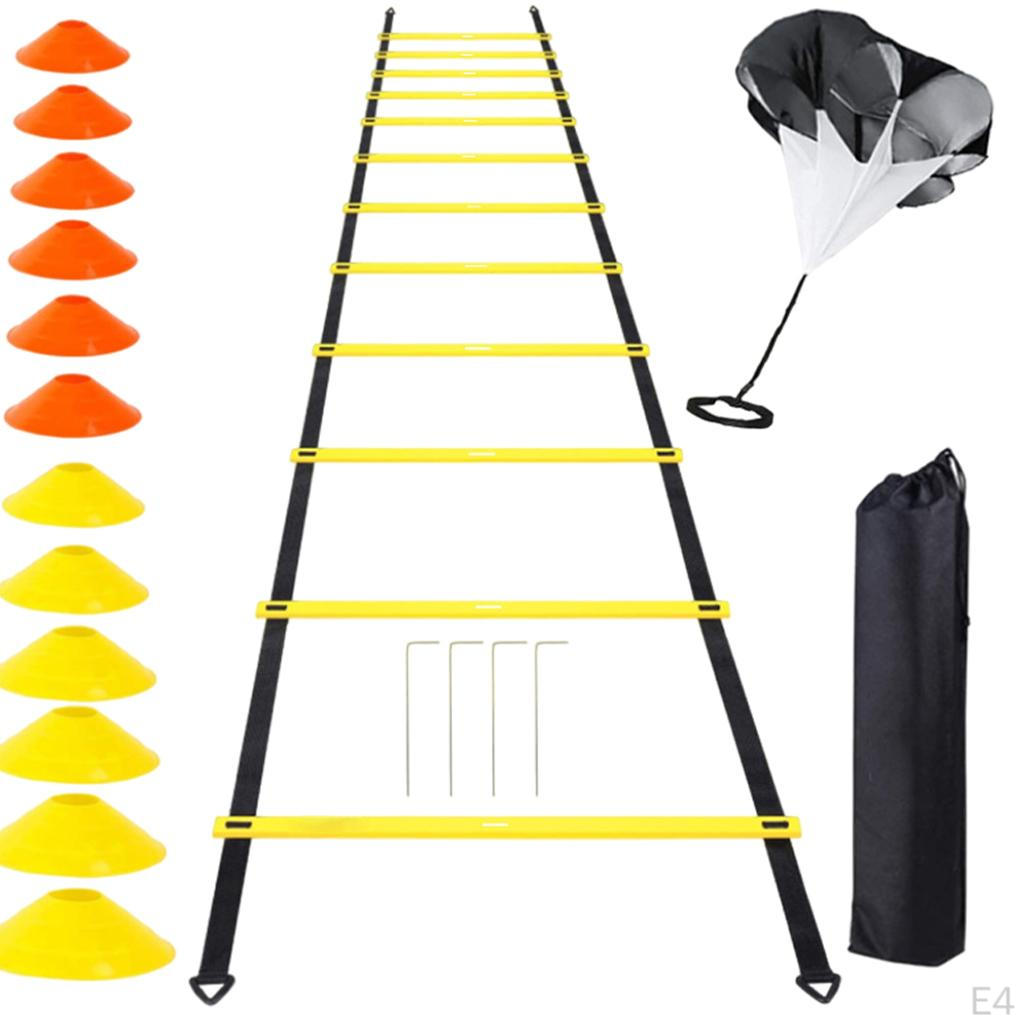 Zestaw do treningu zwinności—Zawiera drabinę 12 szczebli z torbą transportową, pachołki, Użyj