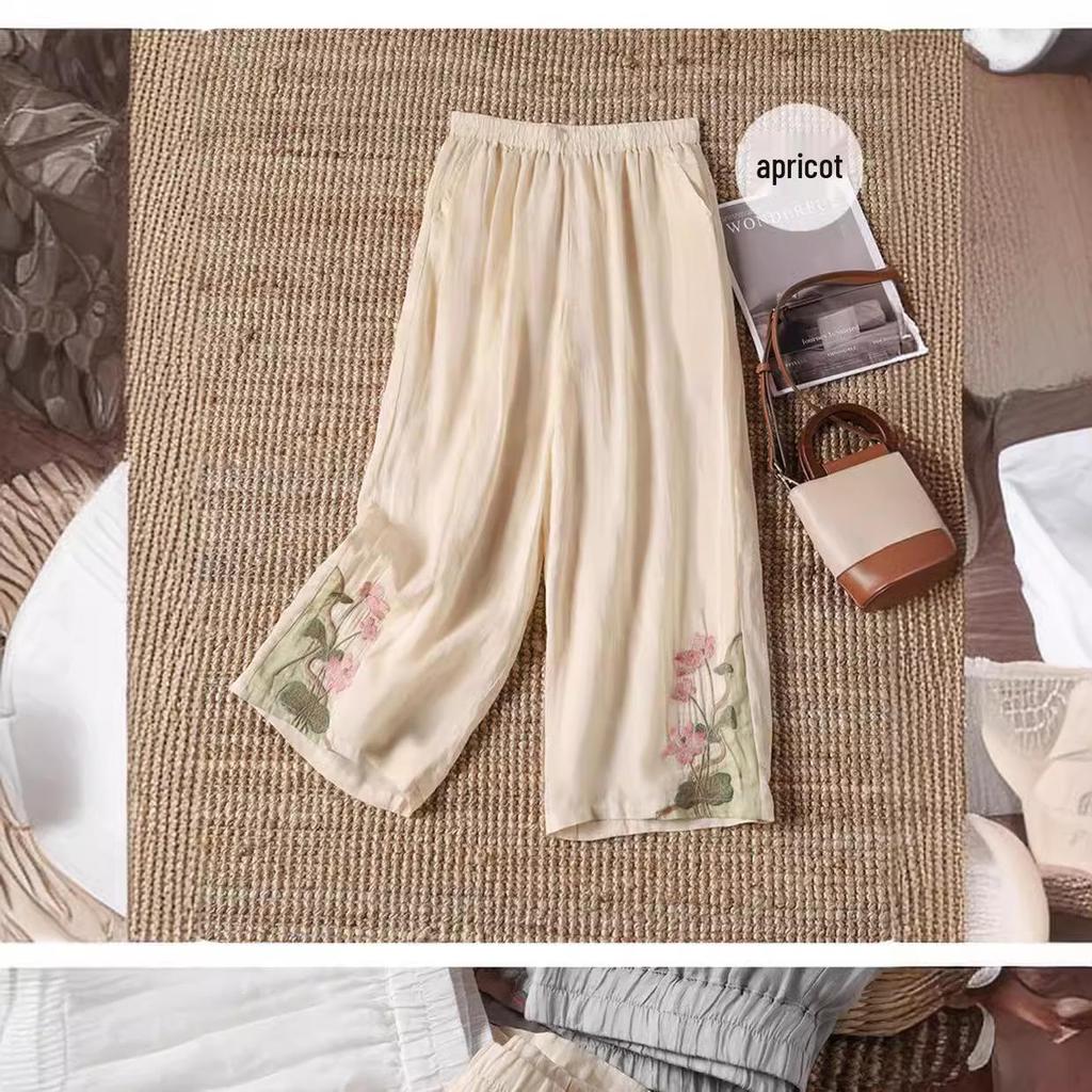 Women's 2024 Retro Cotton-Linen Wide-Leg Embroidered Pants - Summer Lightweight Nine-Point Casual Trousers.