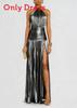 Metalic Sheen Elegant Sleeveless Backless Dress With Slit For Party And Evening Wear