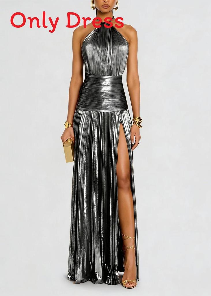 Metalic Sheen Elegant Sleeveless Backless Dress With Slit For Party And Evening Wear