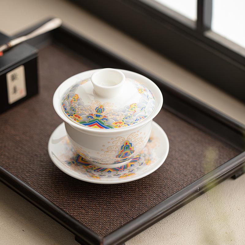 Suet jade wisteria flower three talents cover bowl teacup high-end three-piece set Ru kiln tea making Kung Fu tea set tea bowl can be hovering