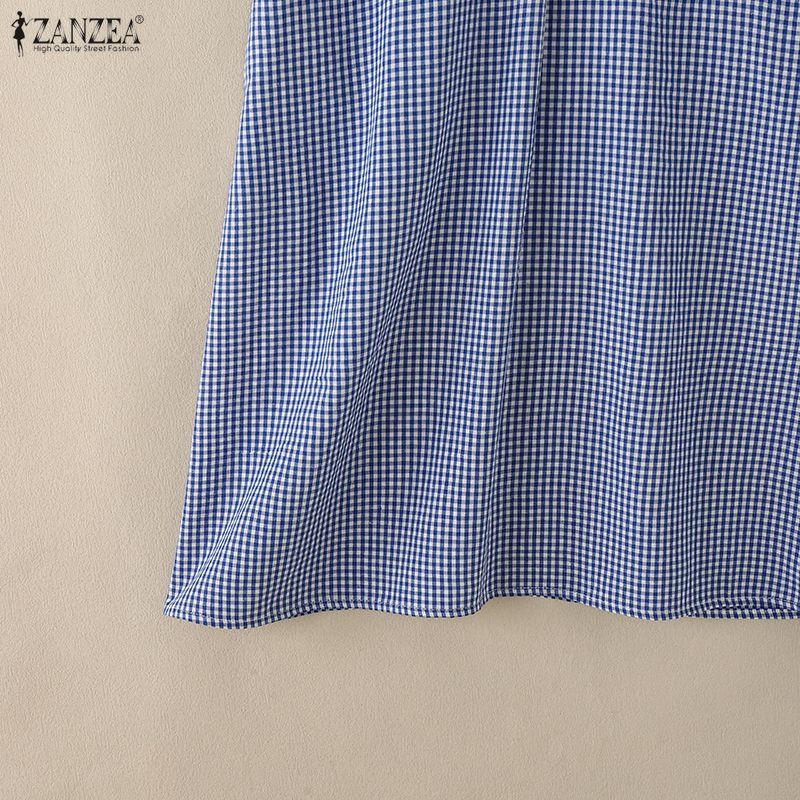 ZANZEA Women Casual Doll Collar Summer Short Sleeve Grid Print Dress