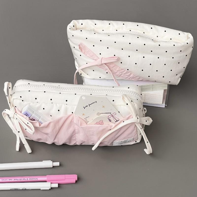 Cute Polka Dot Bow Pencil Case White With Pink Accessories Large Capacity Zipper Pencil Bag School Supplies Student Stationery
