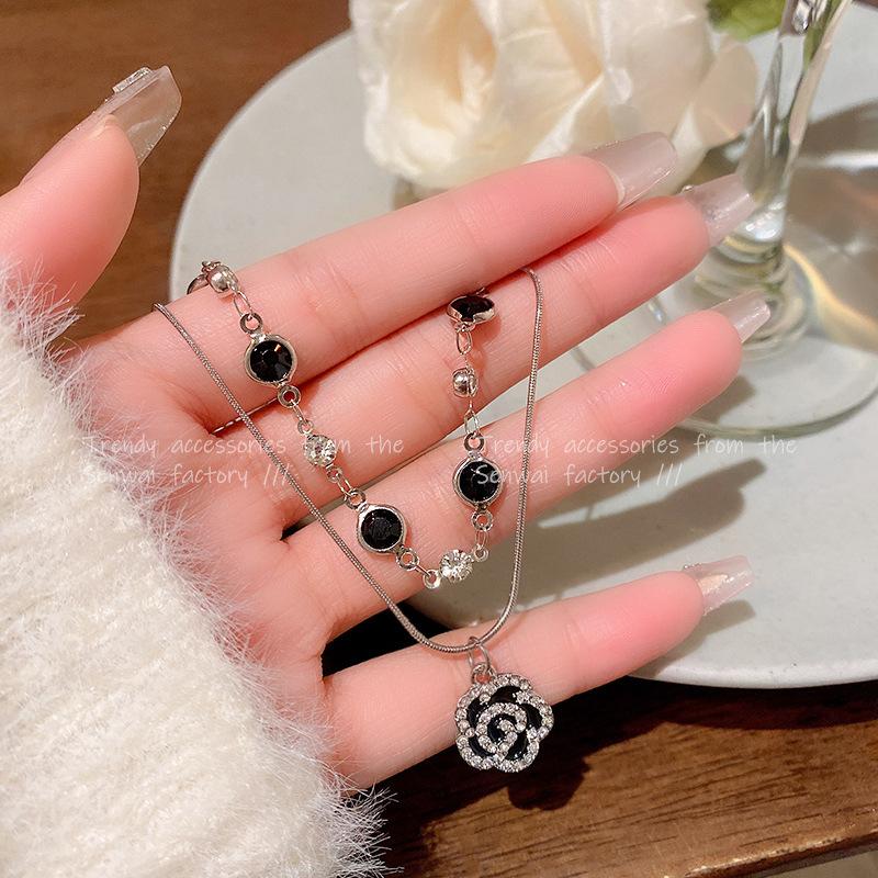 French Black Camellia Double Necklace Femininity Stacked Sweater Chain Versatile Personalized Accessories