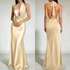 Women's Halter Neck Satin Evening Gown with Low Back and Draped Cowl Neck Sleeveless Formal Long Dress for Special Occasions