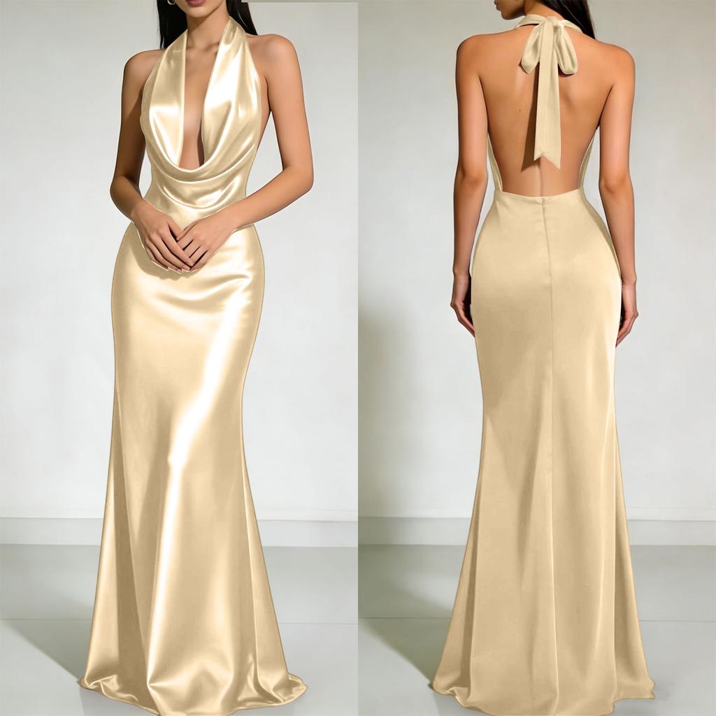 Women's Halter Neck Satin Evening Gown with Low Back and Draped Cowl Neck Sleeveless Formal Long Dress for Special Occasions