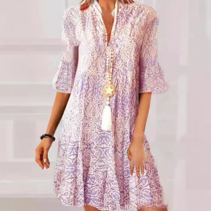 Summer new women's clothing V-neck loose five-quarter sleeve printed dress women