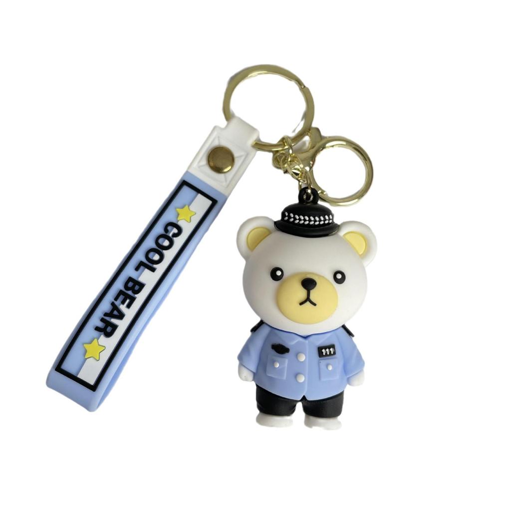 Cartoon Epoxy Traffic Police Firefighter Bear Keychain Promotional Gifts Fashion Couple Accessories Cute School Bag Lanyard