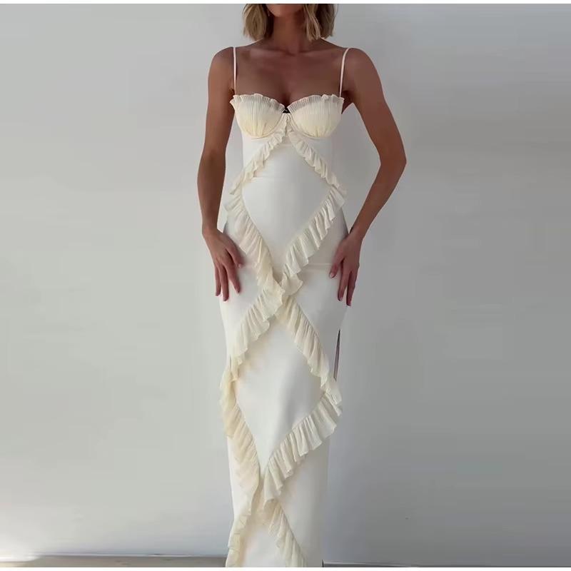 Sexy krajka dlouhé šaty dámské volánkové sestřihy s vysokým pasem ohlávkové šaty bez rukávů jaro léto dáma vestidos