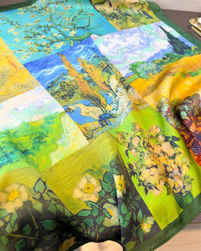 New Oil Painting Print Shawl Square Scarf For Women Wraps Neckerchief Female Hair Bands Ribbon Headband Bandana