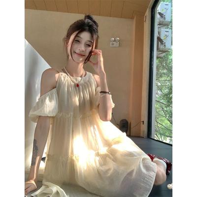Summer Short-sleeved Off-the-shoulder Design French Dress Women's New Loose and Thin Sweet Age-reducing Short Skirt