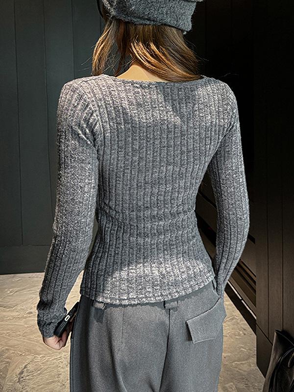 Damhöst-Vinter V-ringad Spetslagerstickad Topp - Smal Passform, Långärmad, Koreansk Stil