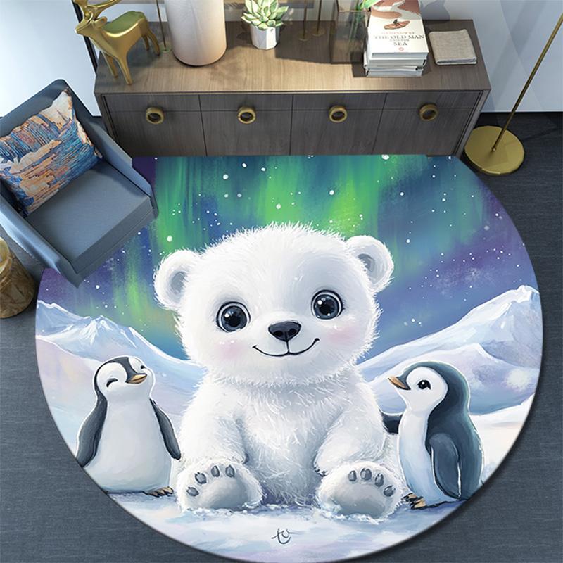 Polar Bear Round Area Rug,Carpet Rug for Living Room Bedroom Sofa Playroom Decor,Non-slip Floor Mat