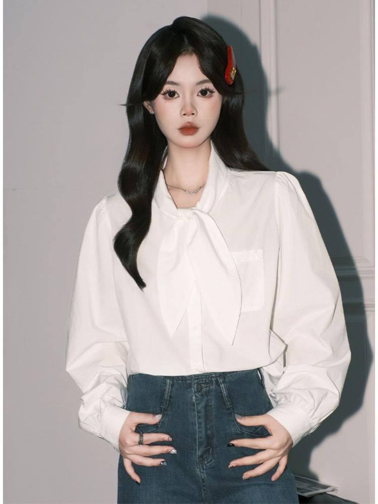 Chic French White Tie-Up Long Sleeve Women's Autumn Shirt - Casual Korean Style Loose Slimming Top