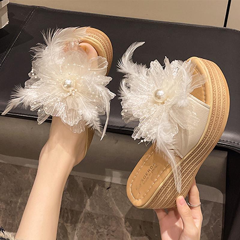 Fashion 2025 Fairy Blossom Feather Slippers Woman Flats Pantuflas Platform Sandals Wedges Flippers Ladies Open Toe Slides Muffins Shoes
