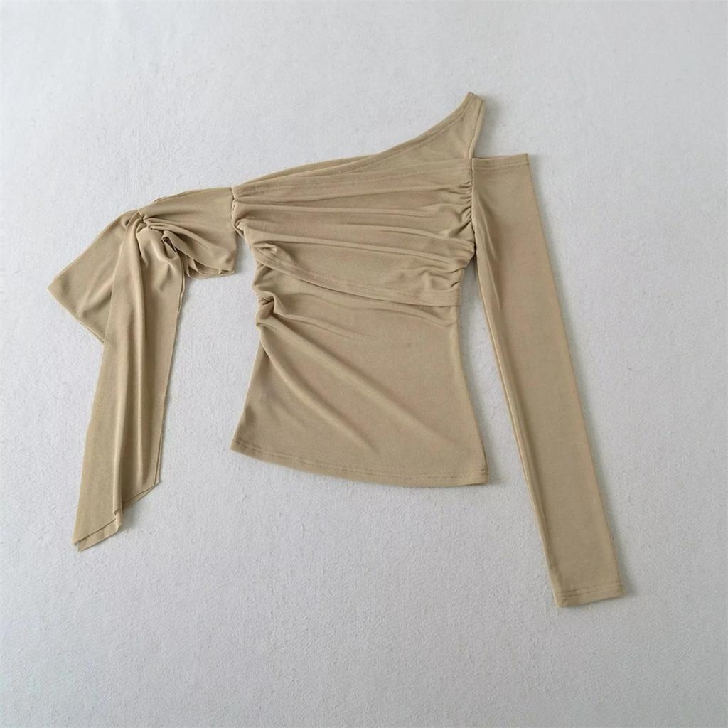 Women's Off Shoulder Long Sleeve Twist Knot Top Slim Fit Solid Color Casual Sexy Pullover