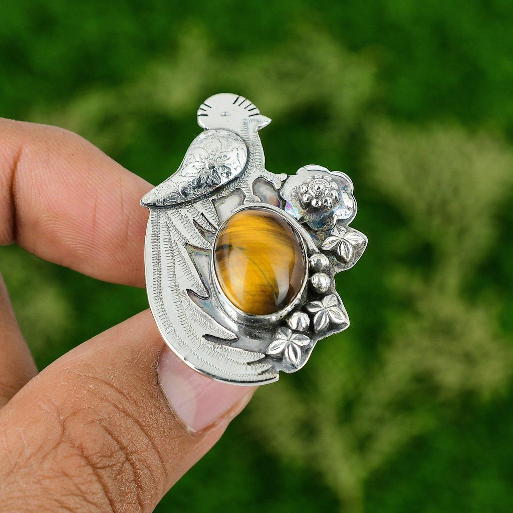Natural Tiger'S Eye Gemstone 925 Silver Stackable Bird Adjustable Ring For Girls