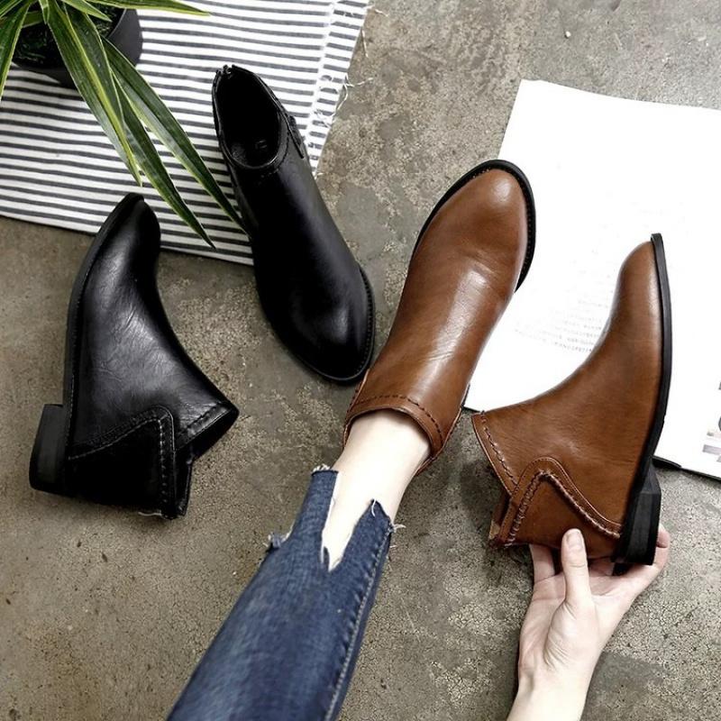 Western Style Short Boots Women's 2025 Autumn and Winter Round Toe Square Boots Thick Heel Back Zipper Fleece-lined