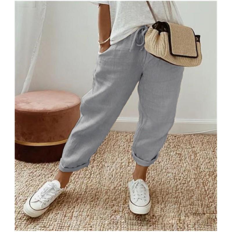 Ladies Summer Solid Color Elastic Waist Casual Nine-minute Pants