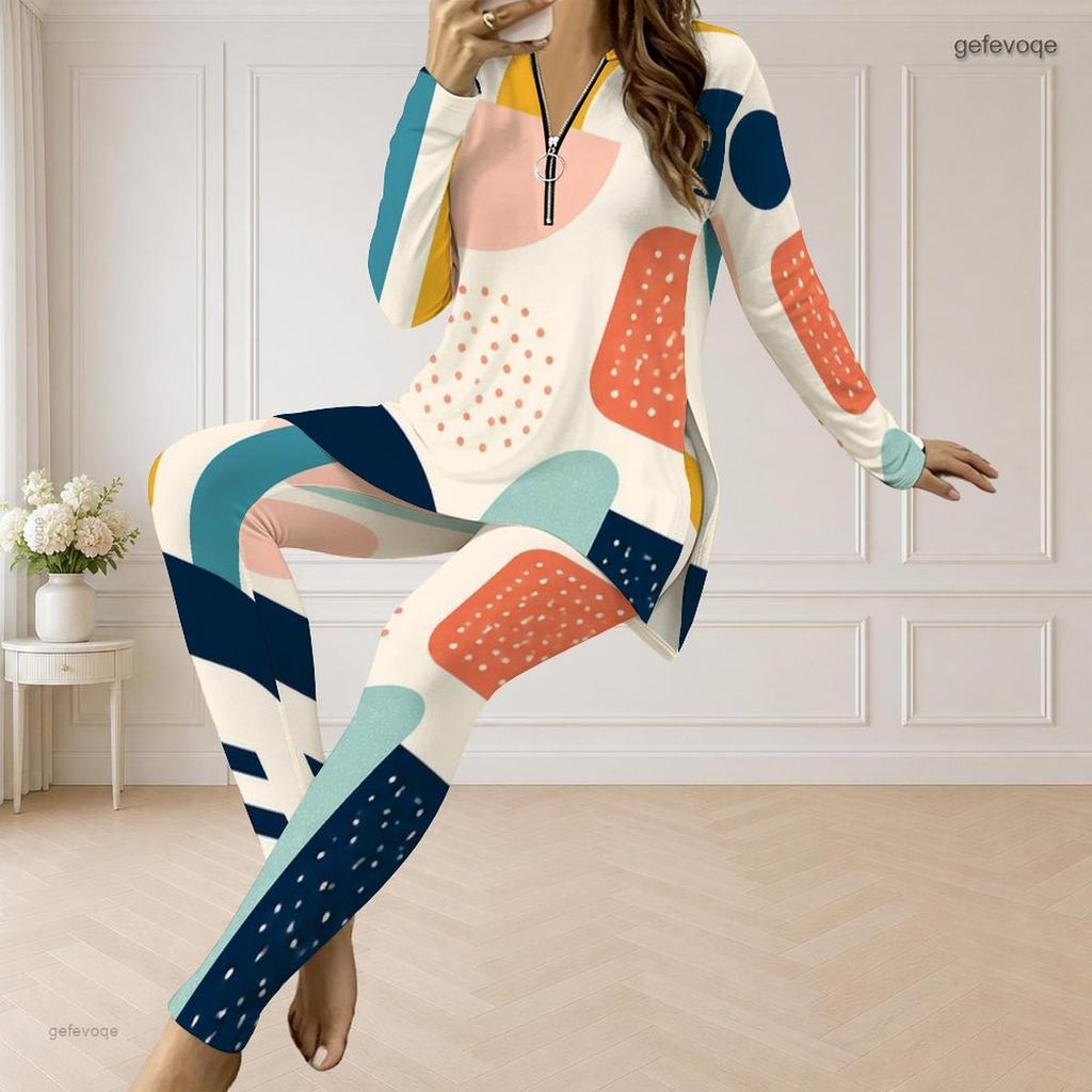 Women Plus Size Front Zip Long Sleeve Printed Longline Top Fitted Pants Two Piece Set