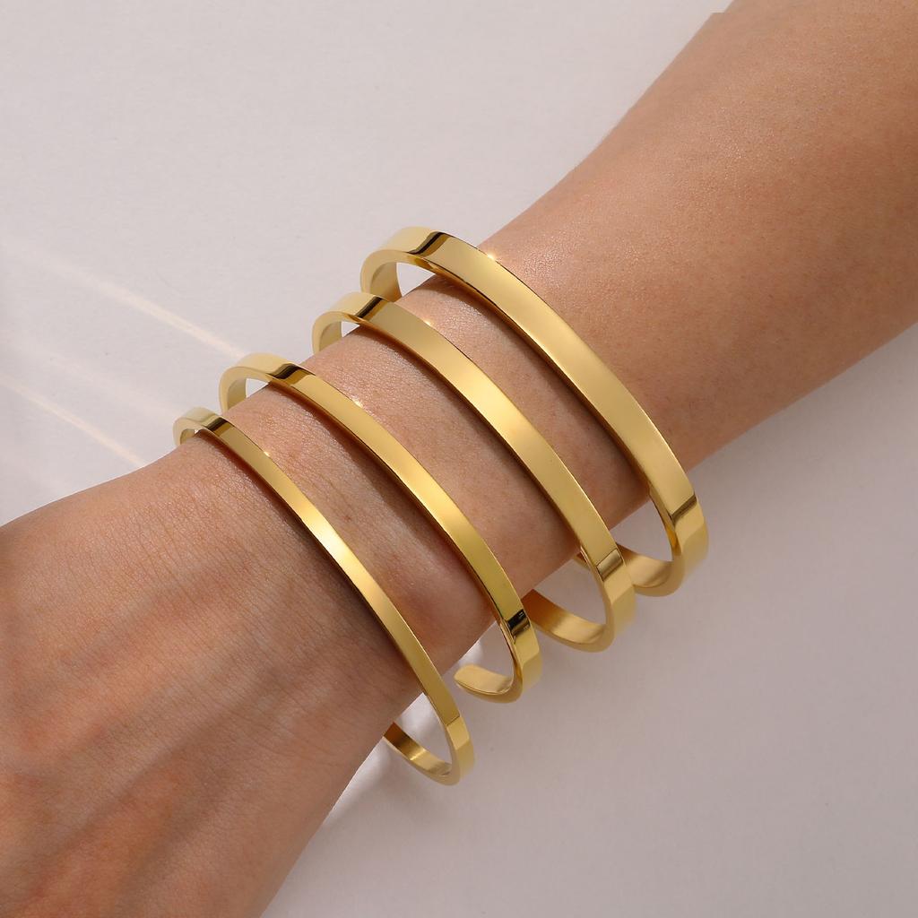 Women's Simple Smooth Stainless Steel Cuff Bracelets, 3/4/5/6mm Wide Open Bangles Gold Plated, Little Luxury Classic Jewelry