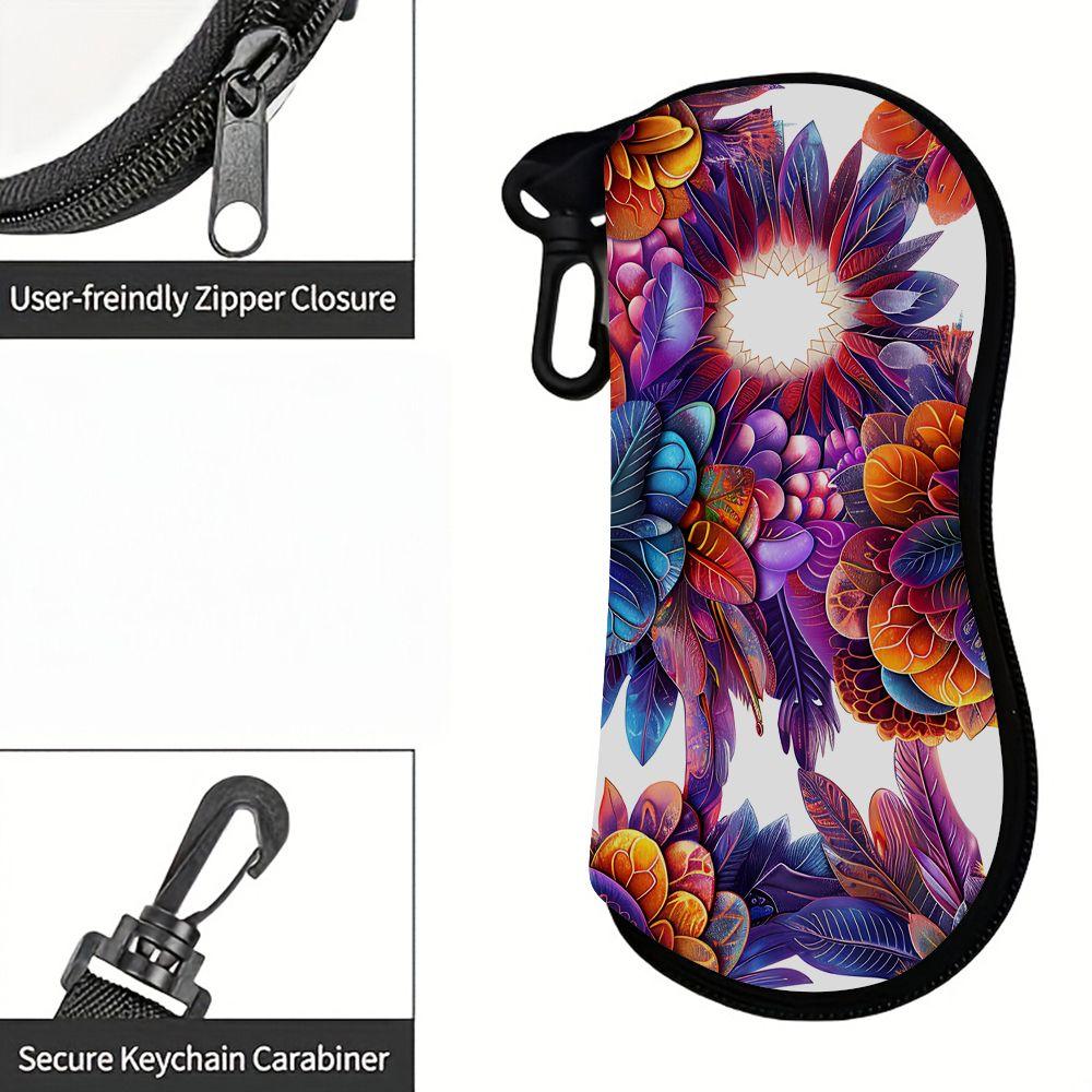 2D-Boho Floral Print Protective Sunglasses Case, Vibrant Colorful Flower Eyeglasses Storage Pouch, Lightweight Zipper Eyewear Bag for Travel Daily Use