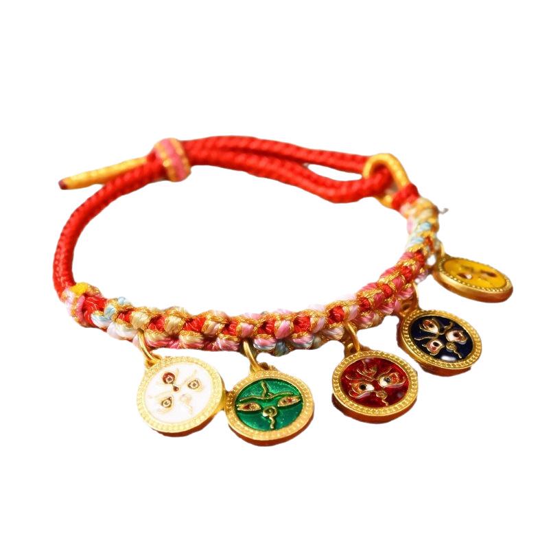 Hand-Woven Pan Chang Knot Bracelet with Five Gods of Wealth Tag, Suitable for Hanging On Thangka or As a Versatile Braided Hand Rope.