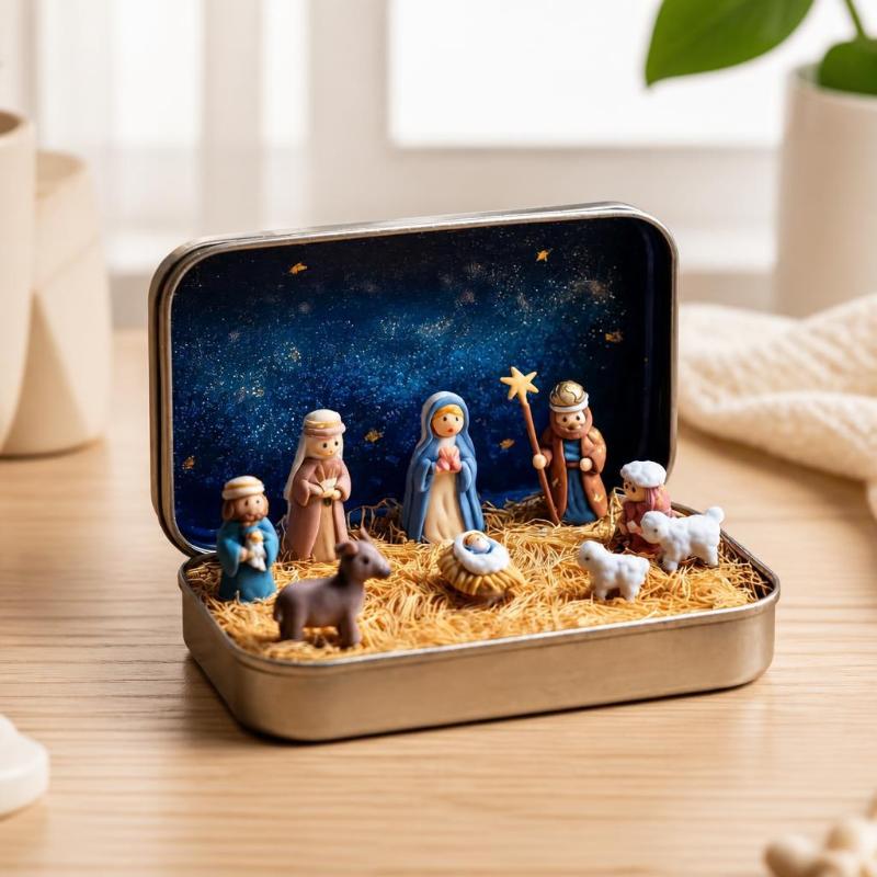 Mini Christmas Nativity Set In Tin Box Cute 3D Printed Figures Manger Set Iron Box For Christmas Home Decoration Holiday Gifts
