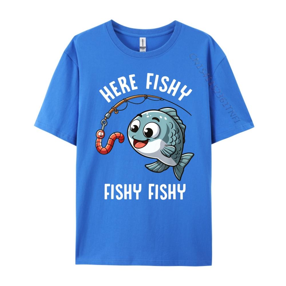 Here Fishy Fishing Funny Worm Cute Fish Fisherman Oversized T Shirt Men Summer Original Mens TShirts Character New Tshirt