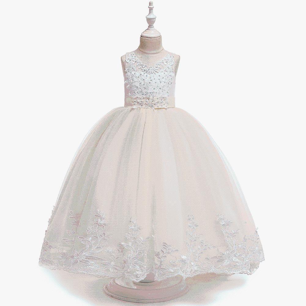 Girls' Lace Beaded Princess Evening Gown with Train