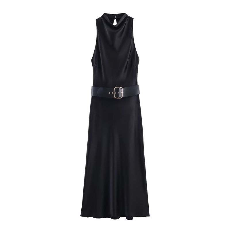 Kaslead New Arrival Women's Clothing Fashion Style with Belt Silk Satin Texture round Neck Sleeveless Dress 2277302