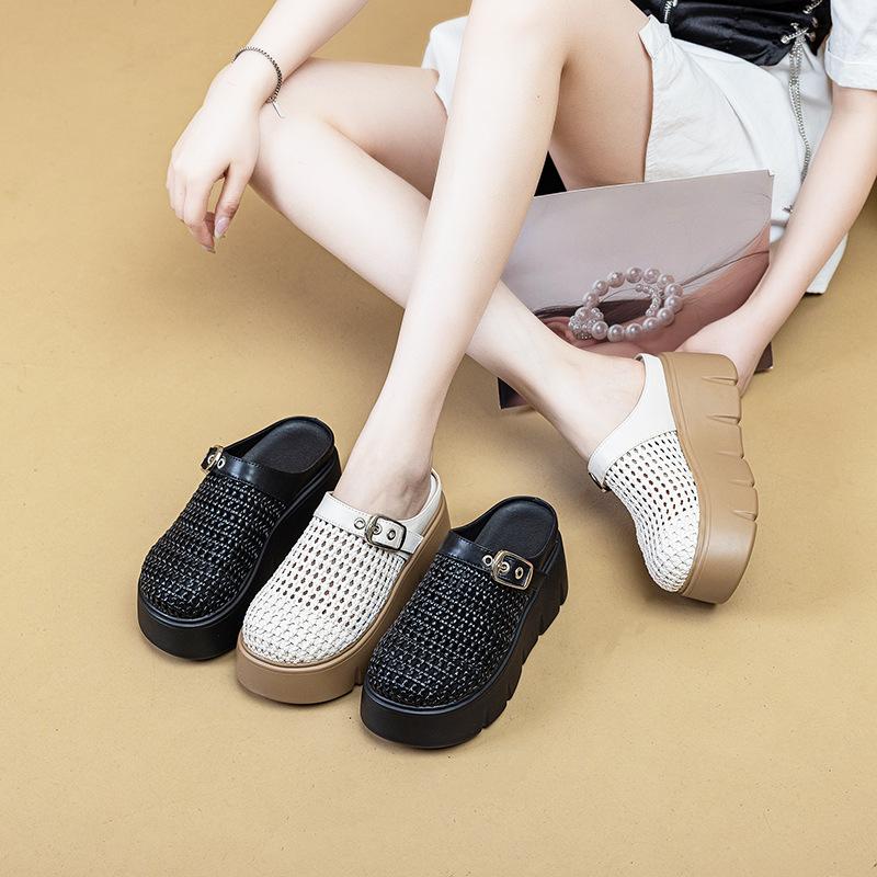 Trendy Versatile Thick-soled Bag Head Half Slippers Women's 2025 Summer New Hollow Soft-soled One-pedal Casual Cool Slippers