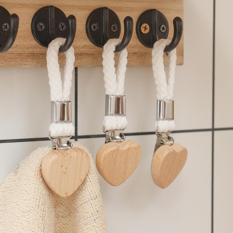Bathroom Towel Clips Multipurpose Woven Rope Clothes Pegs Hat Organizer Holder Wood Heart Head Metal Clamp Storage Accessories