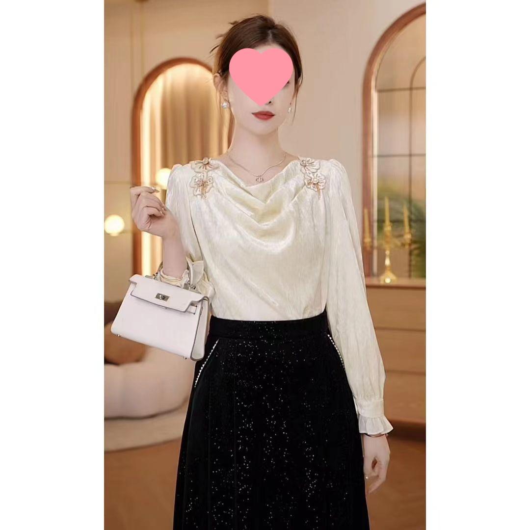 

Chic French Velvet Pleated Long-Sleeve Top: Autumn 2025 Women s Elegant Base Layer XL абрикосовий