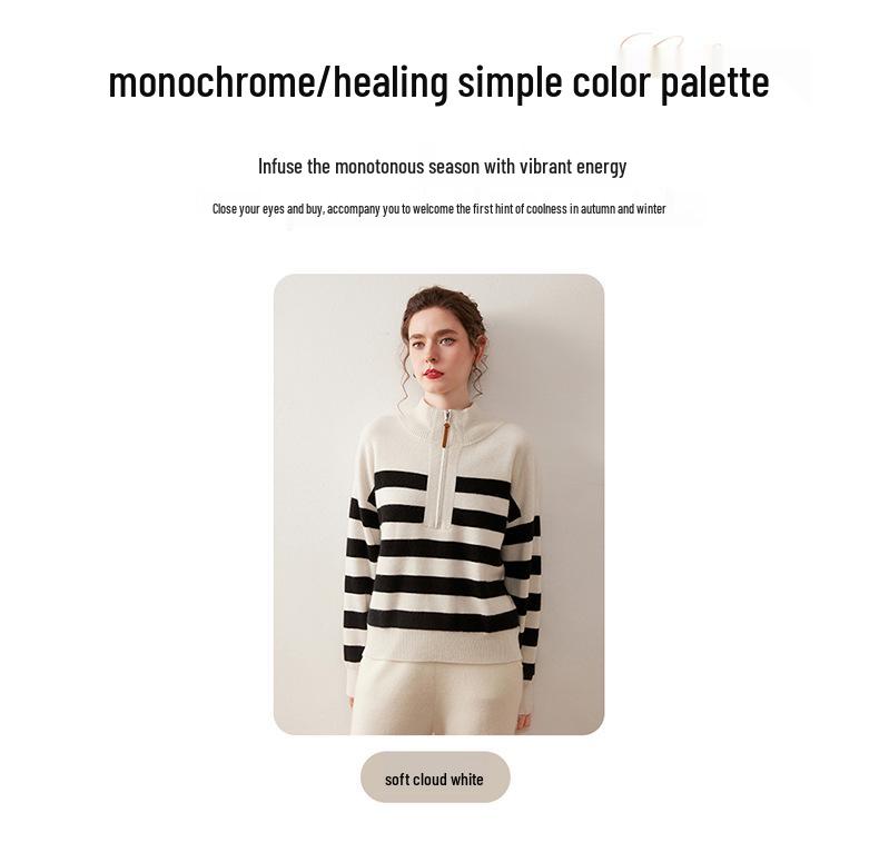 Women's Striped High-Neck Cashmere Half-Zip Sweater