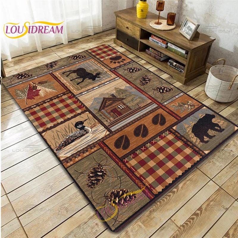 Country Style Farmhouse Lodge Bear Moose Deer Soft Rug Square Flannel Home Rug Vintage Home Living Room Floor Mats Bedroom Rug