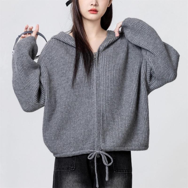 Hooded Sweater Jacket Women's Autumn and Winter New Lazy Style Loose Zipper Drawstring Short Knitted Cardigan Top