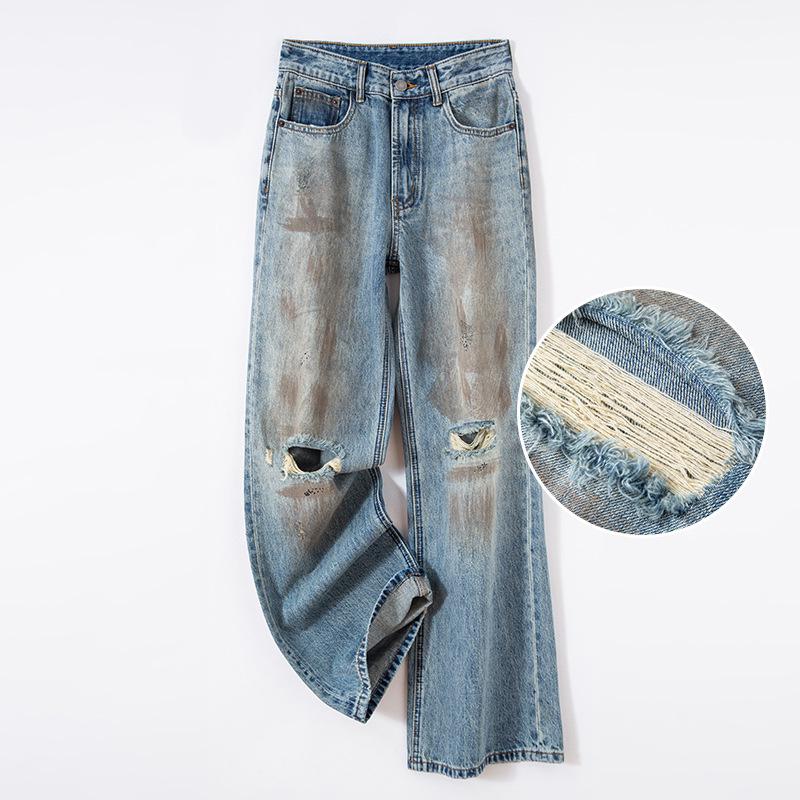 

Желтые джинсы с высокой талией и широкими штанинами с эффектом потертости - Женская коллекция Весна/Лето 2025 Large