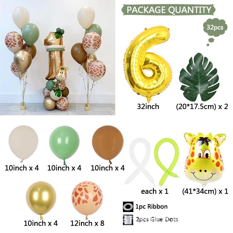 Giraffe & Green Leaf Jungle Birthday Balloon Set for Kids' 1st Birthday