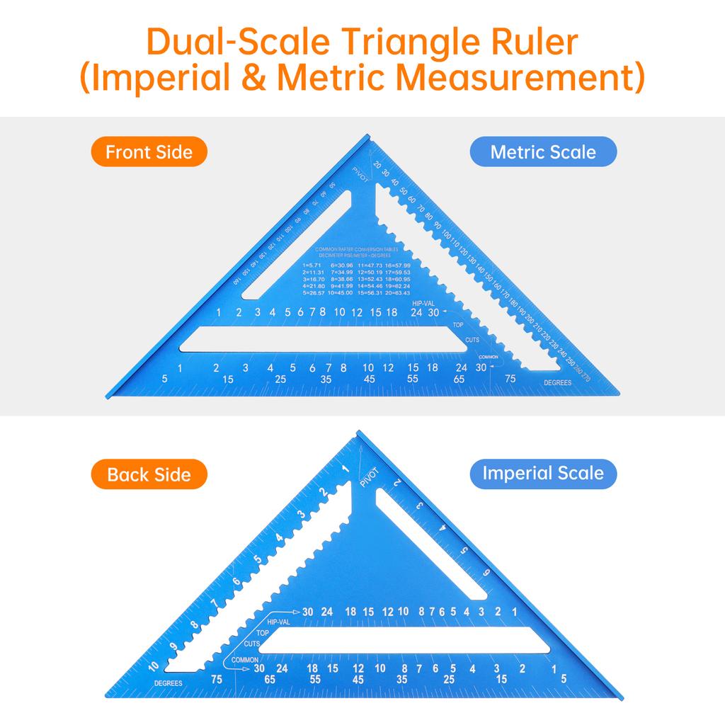 12 Inch Blue Aluminum Alloy Metric Imperial Scale Triangle Ruler Set with Stair Gauges Angle Square Durabled Woodworking Carpentry Tools Accessories