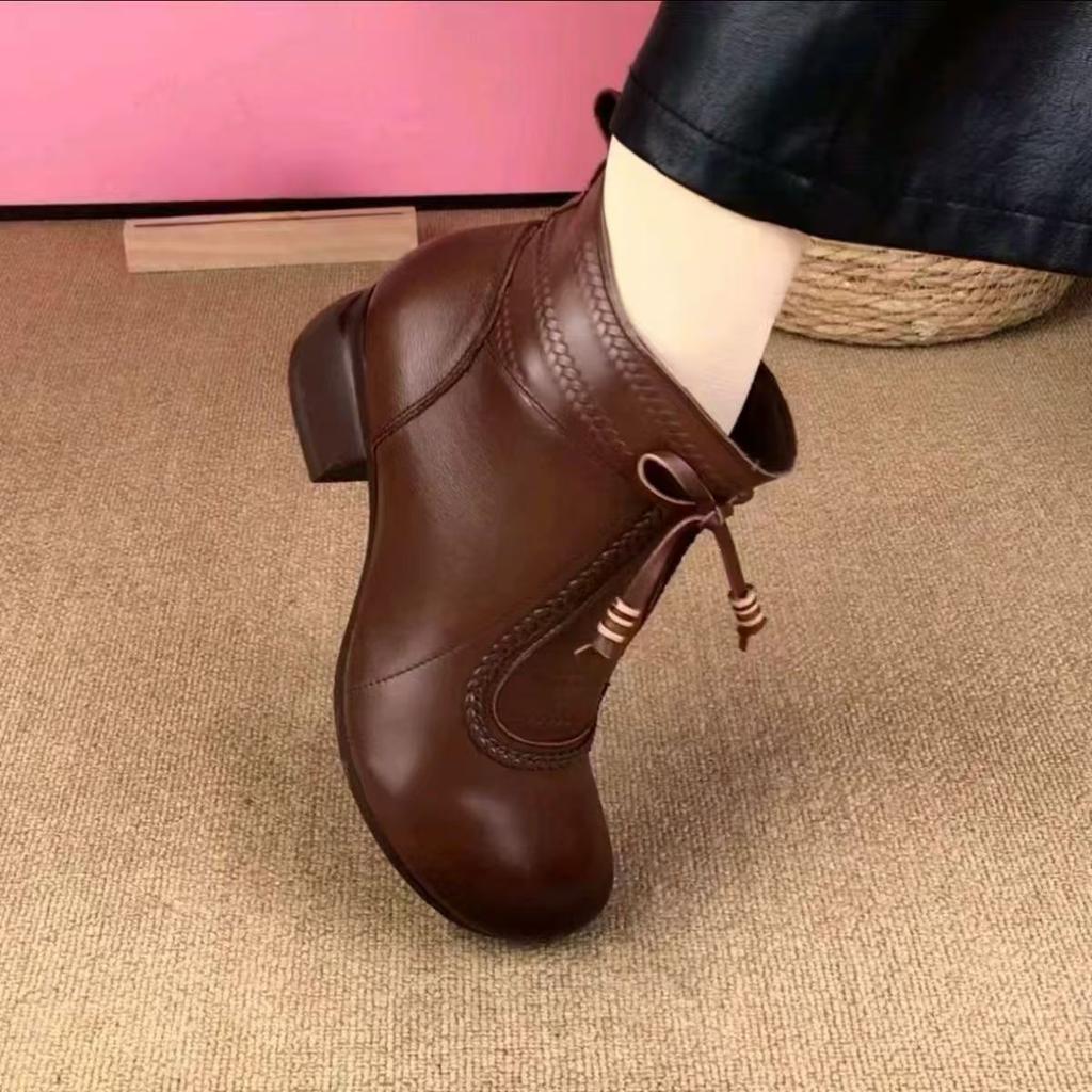 Soft leather Martin boots women's 2025 new autumn and winter soft surface thick heel fashion temperament versatile velvet warm short boots