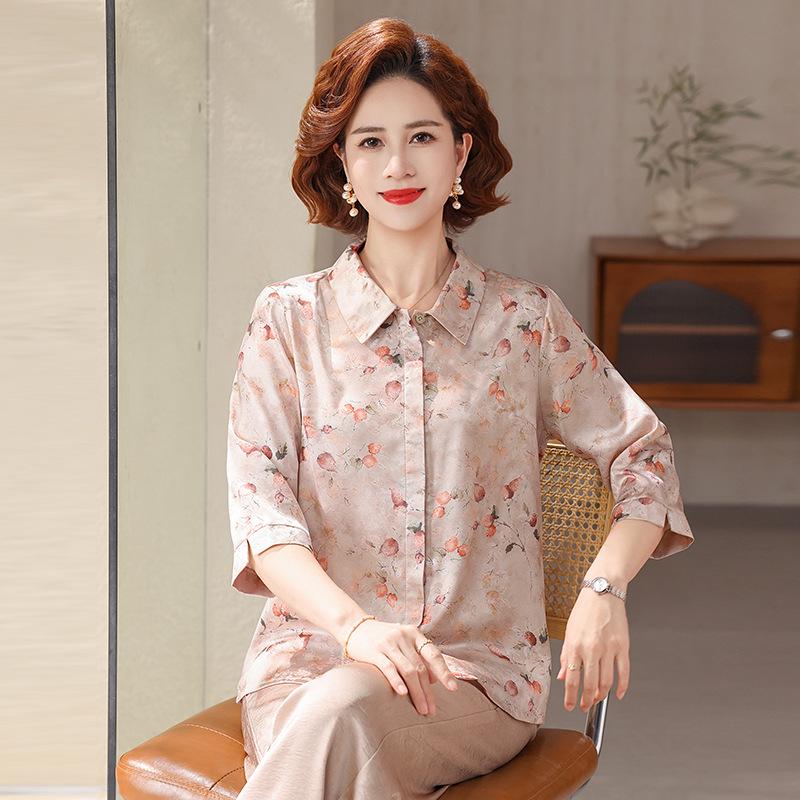 Elegant Lapel Printed Shirt for Stylish Moms - Summer Seven-Sleeve T-Shirt for Women 4XL (Recommended 135-150 lbs) розовый