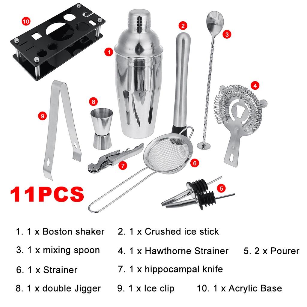 700ml Edelstahl Cocktail Set Boston Shaker Mixer Getränkezubereitungs-Werkzeugset 11-teilig für Heimbar-Nutzung Schwarz+Silber