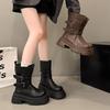 Black Retro British Style Thick-soled Thick-heeled Martin Boots Women's 2025 New Autumn Height-increasing and Thin Medium Boots