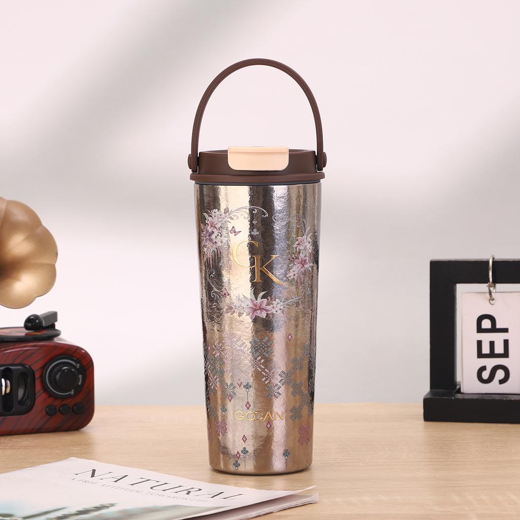 New portable handle pure titanium thermos cup straw sealed leak-proof coffee cup light luxury non-slip printing double drink titanium cup
