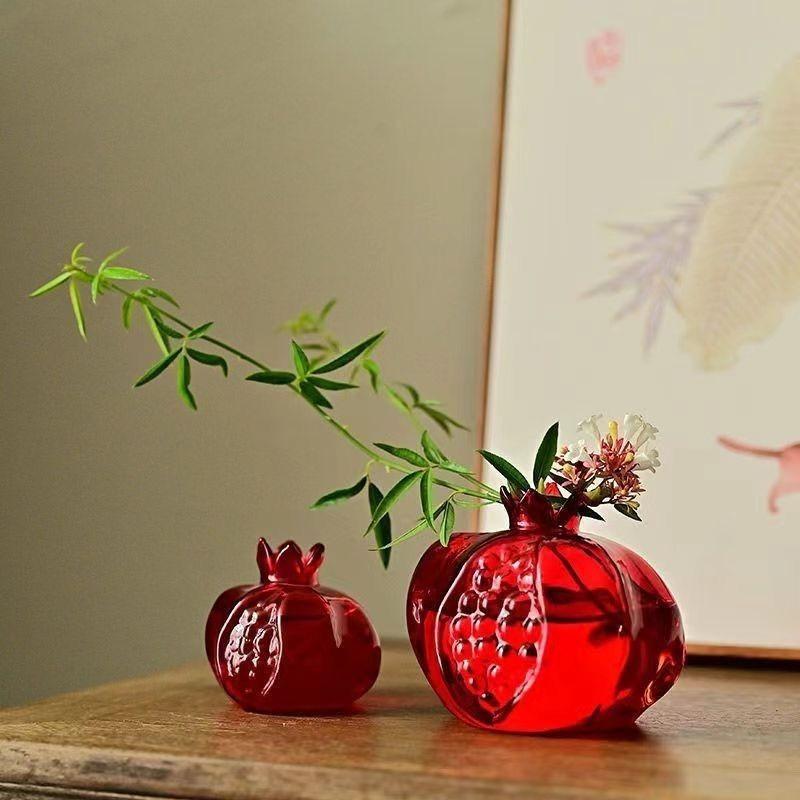 Creative Red Glass Pomegranate Flower Dining Table Vase Table Top Ornament Hydroponic Plant Vase Flower Arrangement Container