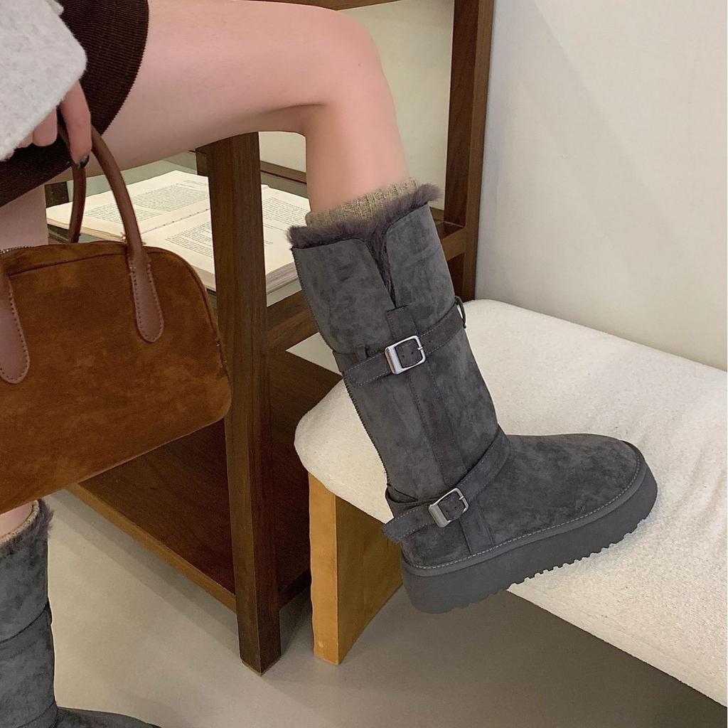 2025 Herbst und Winter neue runde Zehe dicksohlige hoher Schaft Gürtelschnalle Schnee rutschfest aber Knie Ritter warm Damenstiefel