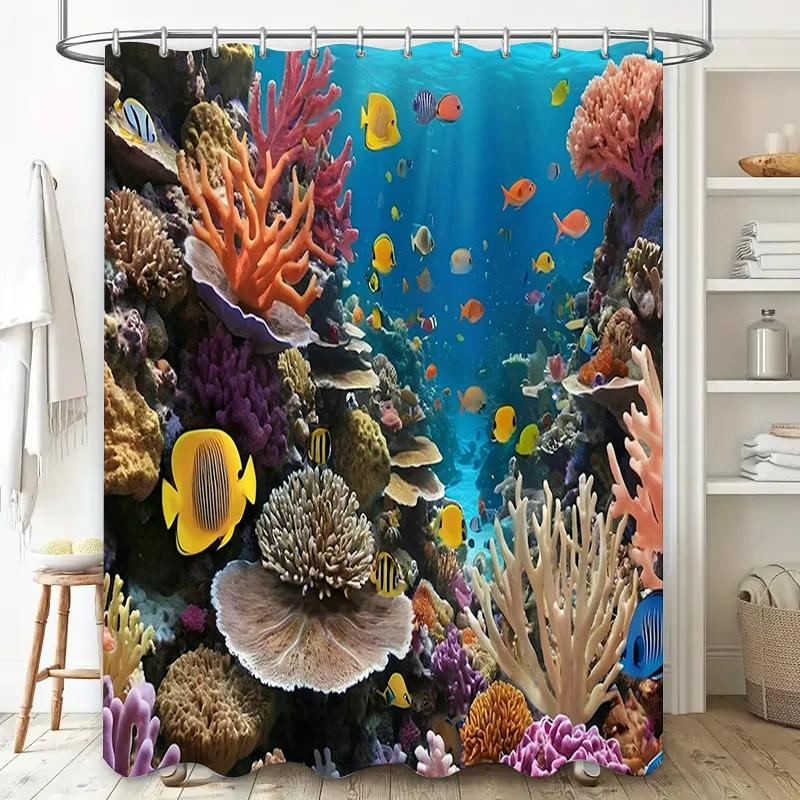 Underwater World Shower Curtain Sea Life Corals Fish Bath Decor Custom Printing Waterproof Washable Polyester Home Accessory 3D